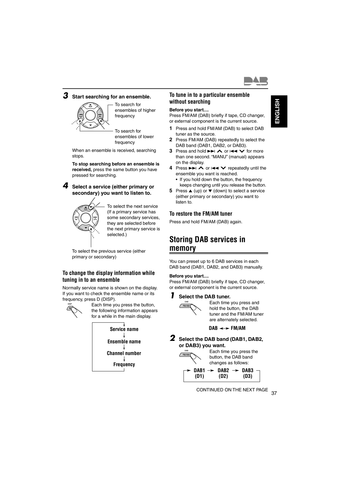 JVC KS-LH60R manual Storing DAB services in memory, To tune in to a particular ensemble without searching 