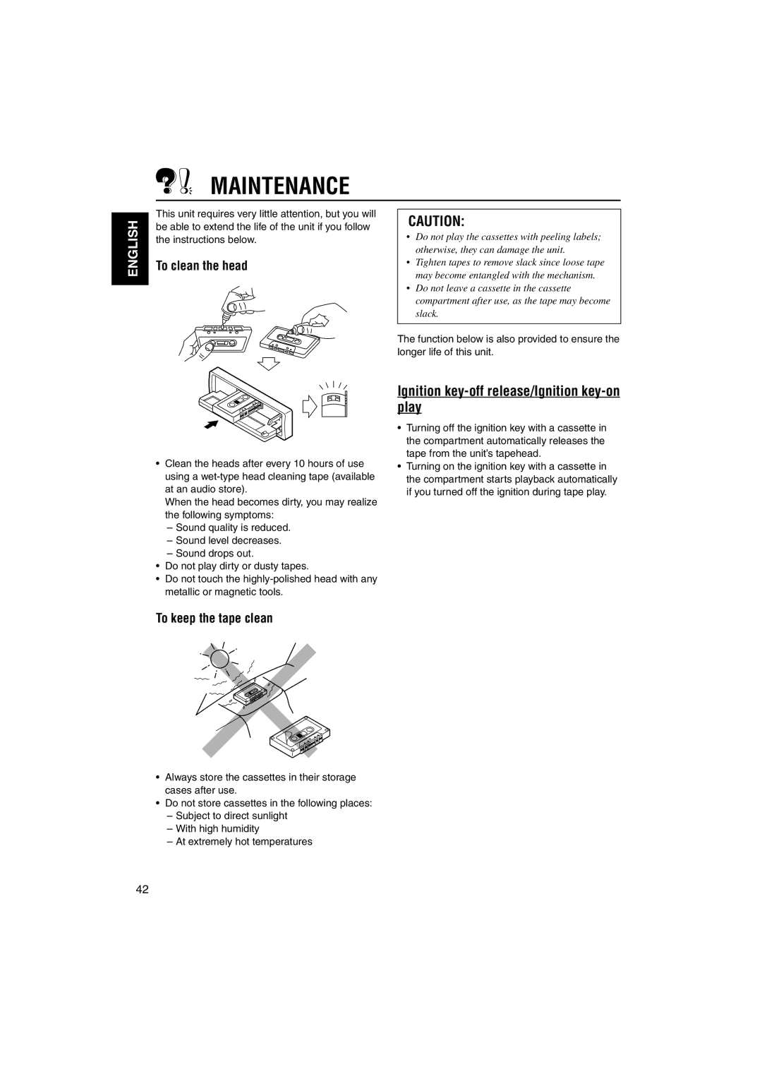 JVC KS-LH60R manual Maintenance, Ignition key-off release/Ignition key-on play, To clean the head, To keep the tape clean 