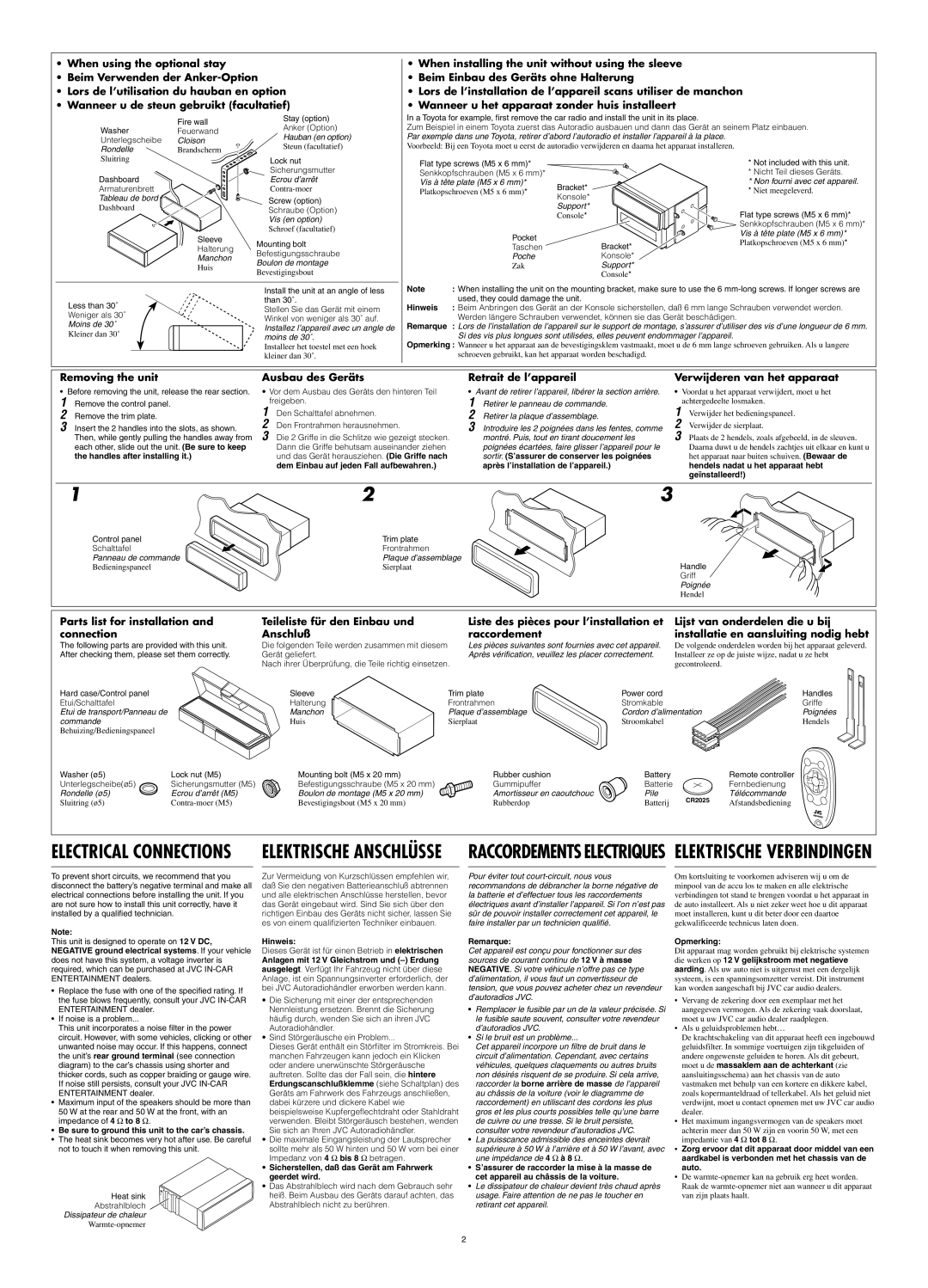 JVC KS-LH60R manual Hinweis, Be sure to ground this unit to the car’s chassis, Remarque, Opmerking 