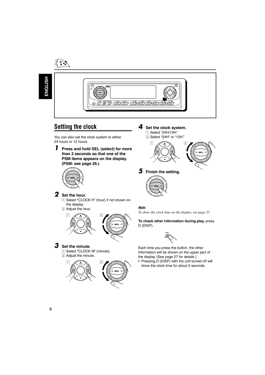 JVC KS-LH60R manual Setting the clock, Set the minute, Set the clock system, Finish the setting 