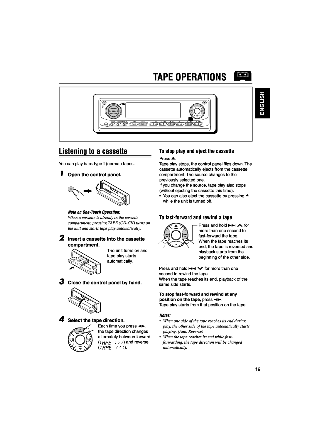 JVC KS-LH60R manual Tape Operations, Listening to a cassette, English, To stop play and eject the cassette 