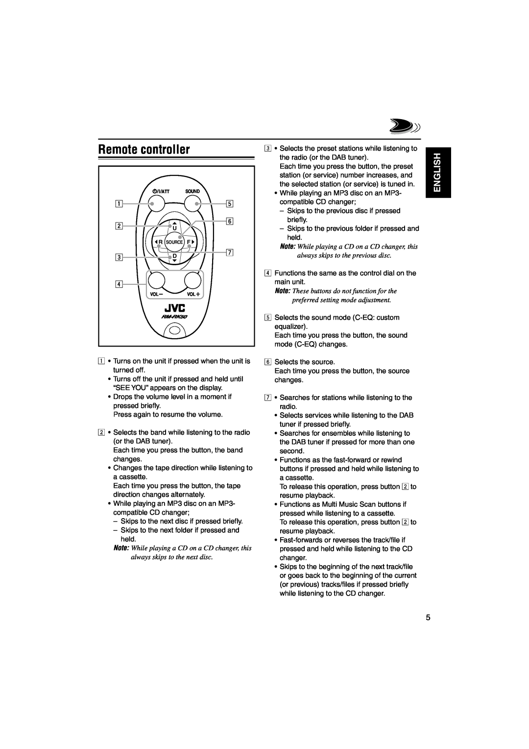 JVC KS-LH60R manual Remote controller, English 