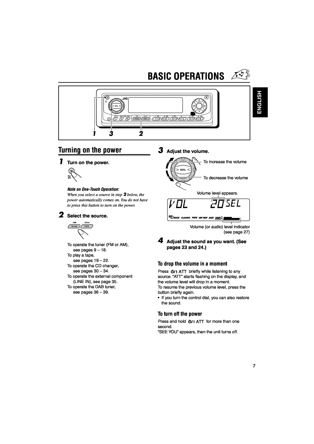 JVC KS-LH60R manual Basic Operations, Turning on the power, English, To drop the volume in a moment, To turn off the power 