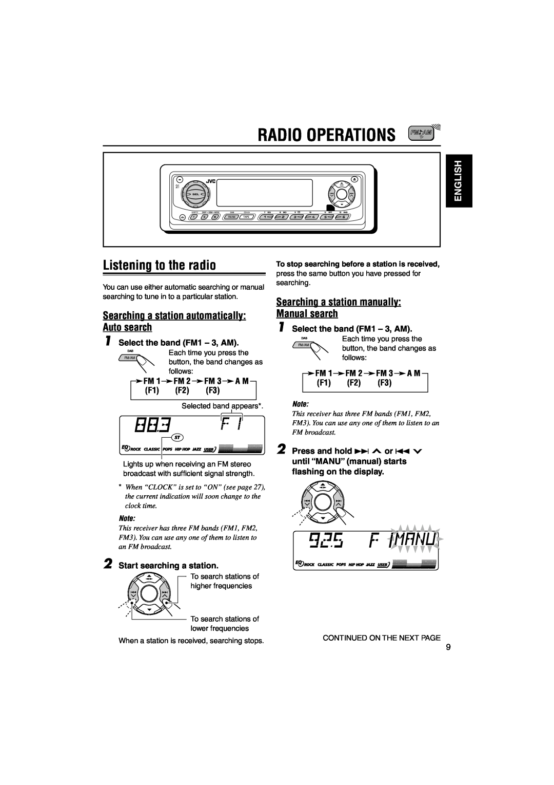 JVC KS-LH60R Radio Operations, Listening to the radio, Searching a station automatically Auto search, English, follows 