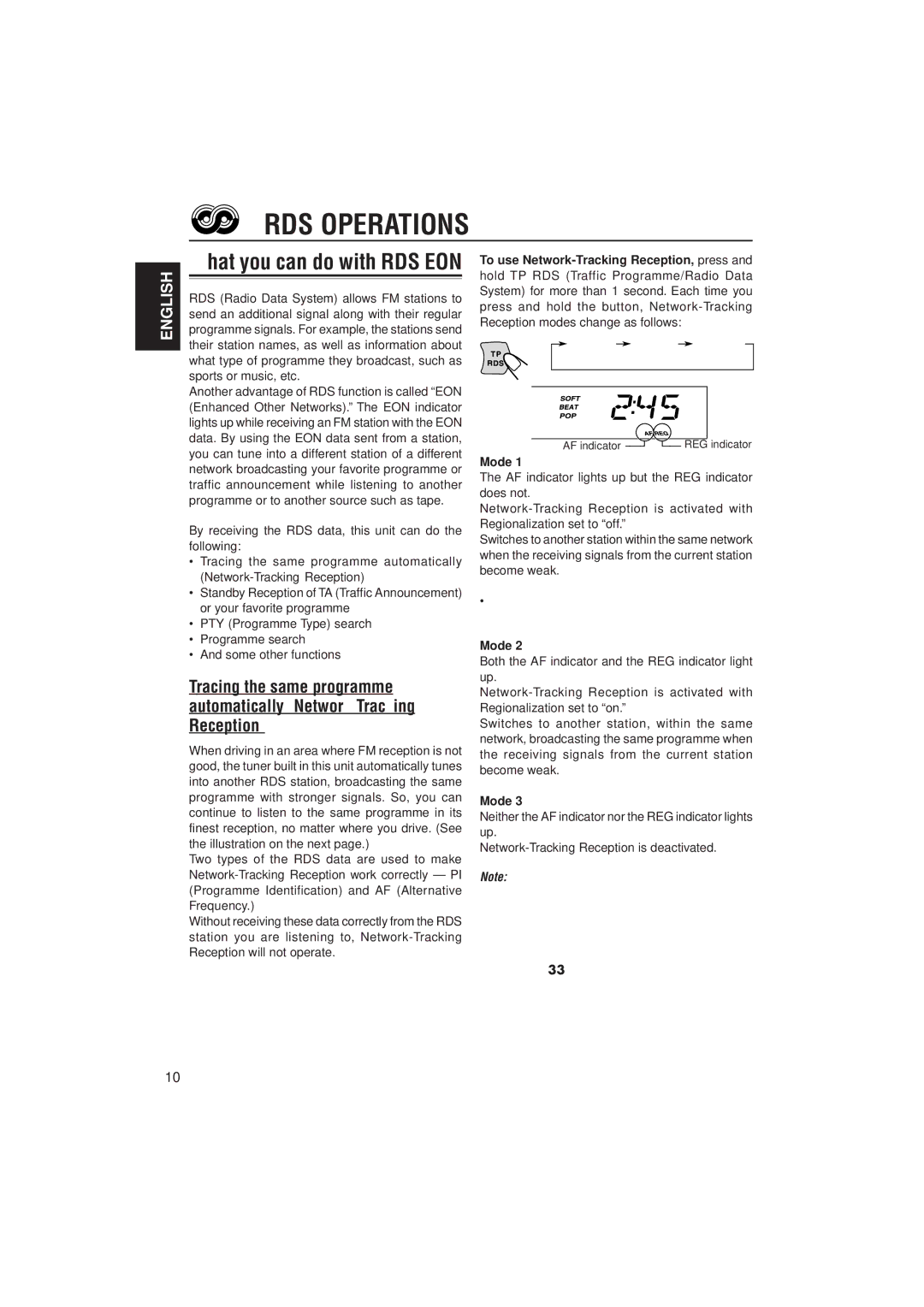 JVC KS-LX200R manual RDS Operations, Mode 