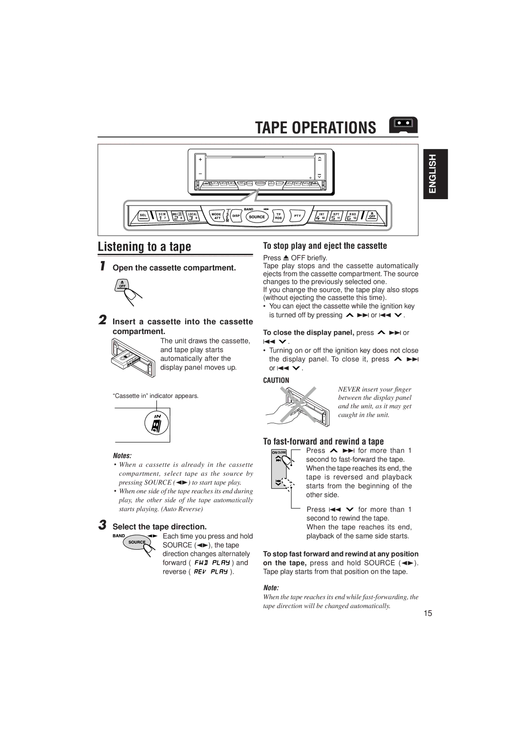 JVC KS-LX200R manual Listening to a tape, To stop play and eject the cassette, To fast-forward and rewind a tape 