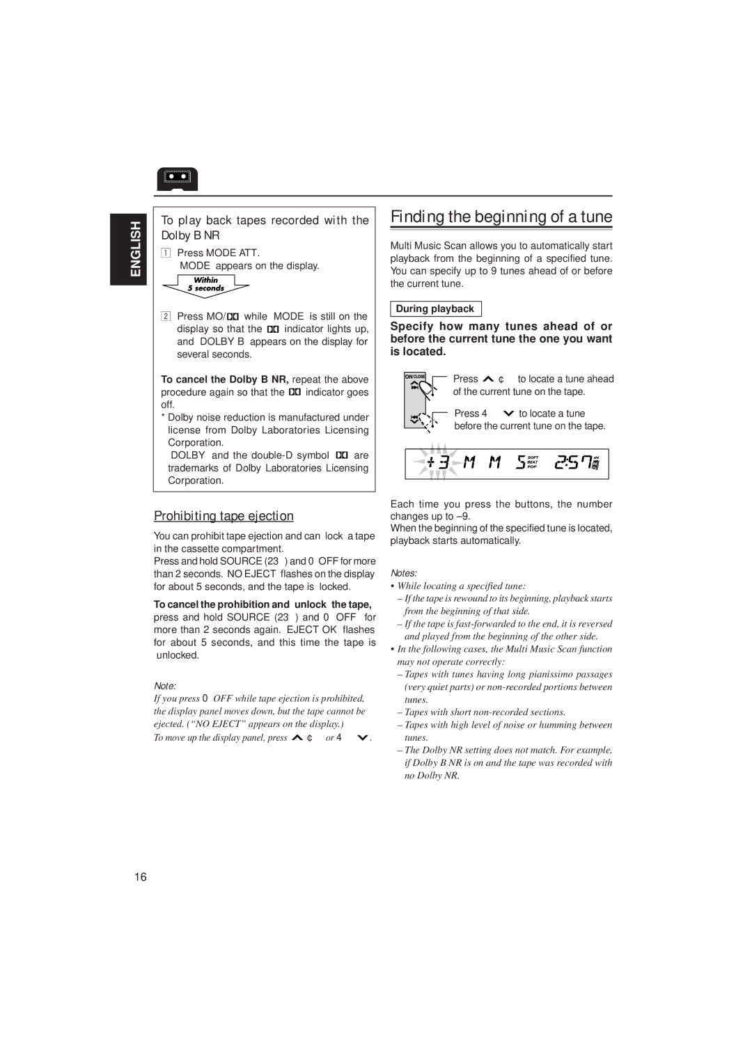 JVC KS-LX200R manual Prohibiting tape ejection, To play back tapes recorded with the Dolby B NR, During playback 