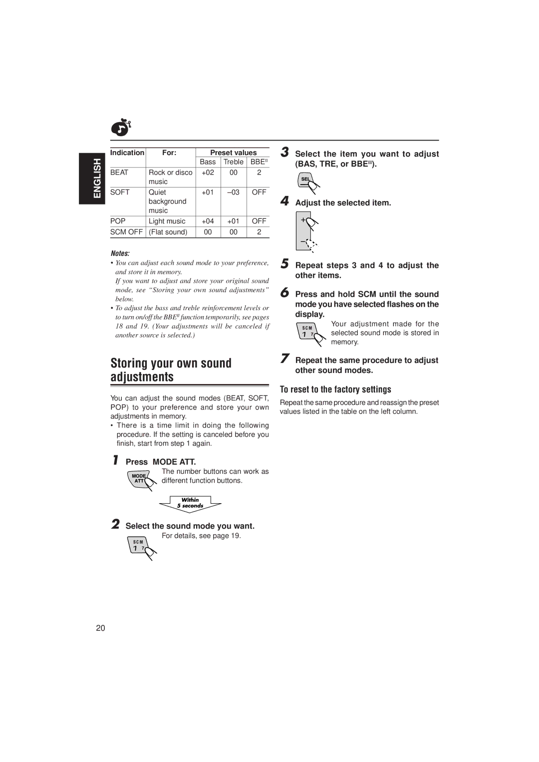 JVC KS-LX200R manual Storing your own sound adjustments, To reset to the factory settings, For Preset values 