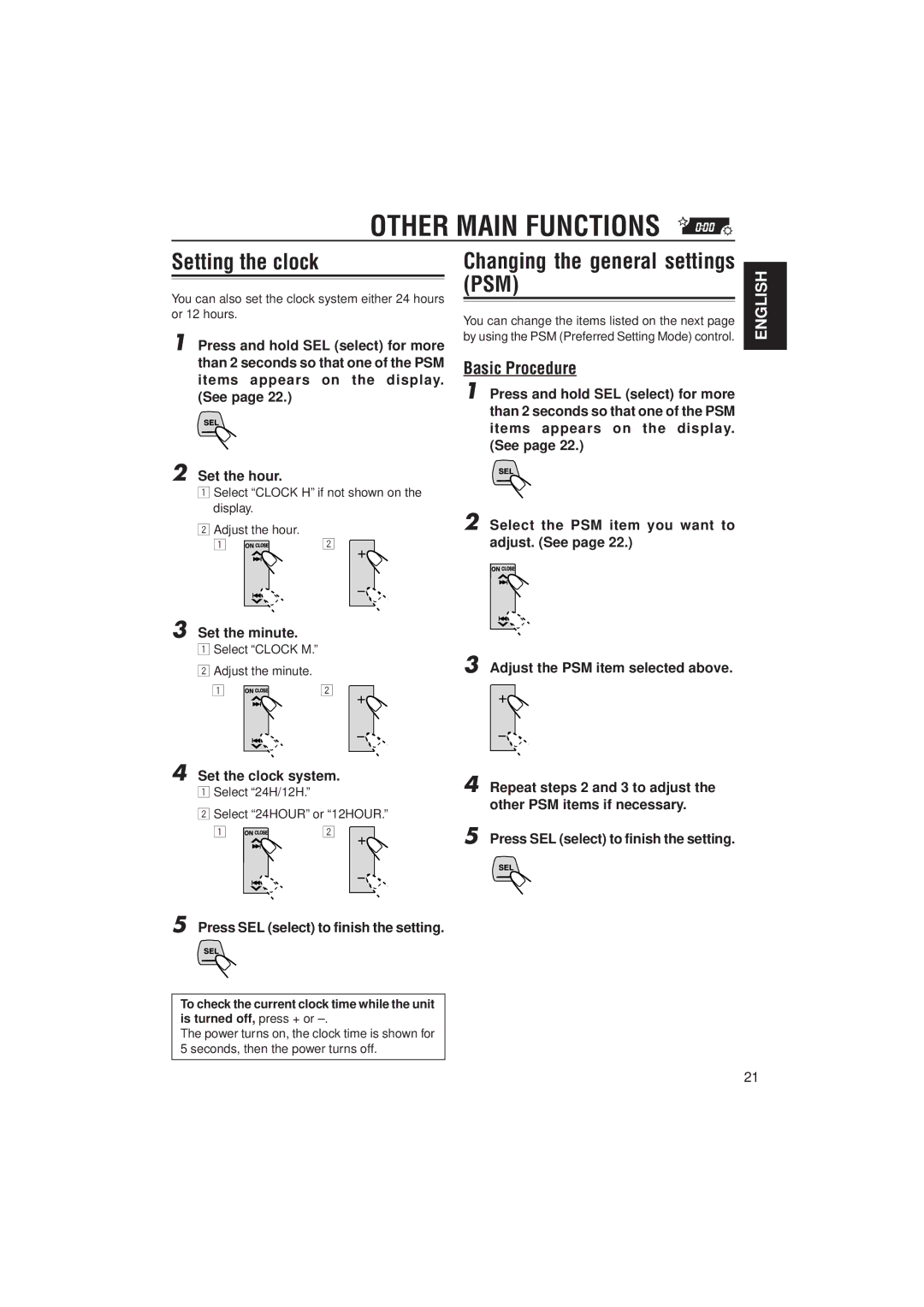 JVC KS-LX200R manual Other Main Functions, Setting the clock, Changing the general settings PSM, Basic Procedure 