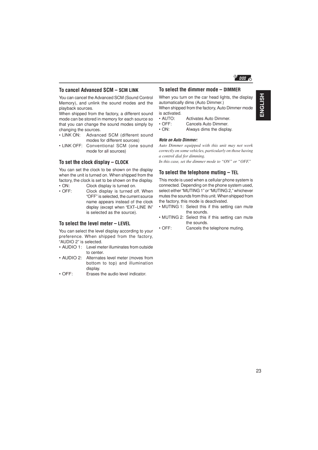 JVC KS-LX200R manual To cancel Advanced SCM SCM Link, To set the clock display Clock, To select the level meter Level 