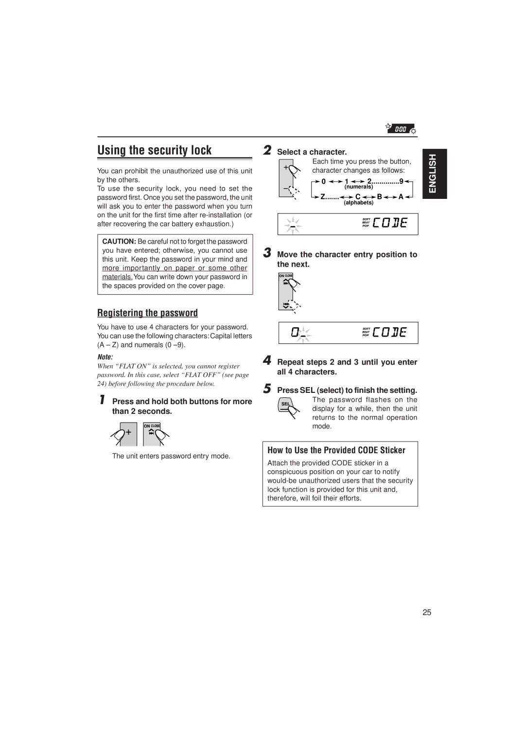 JVC KS-LX200R Using the security lock, Registering the password, How to Use the Provided Code Sticker, Select a character 