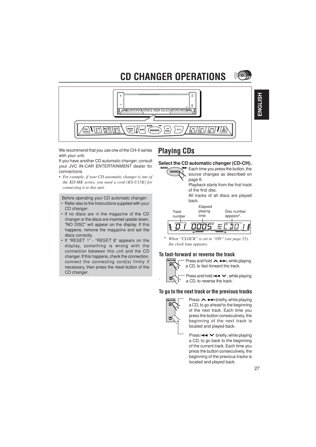 JVC KS-LX200R manual CD Changer Operations, Playing CDs, To fast-forward or reverse the track 