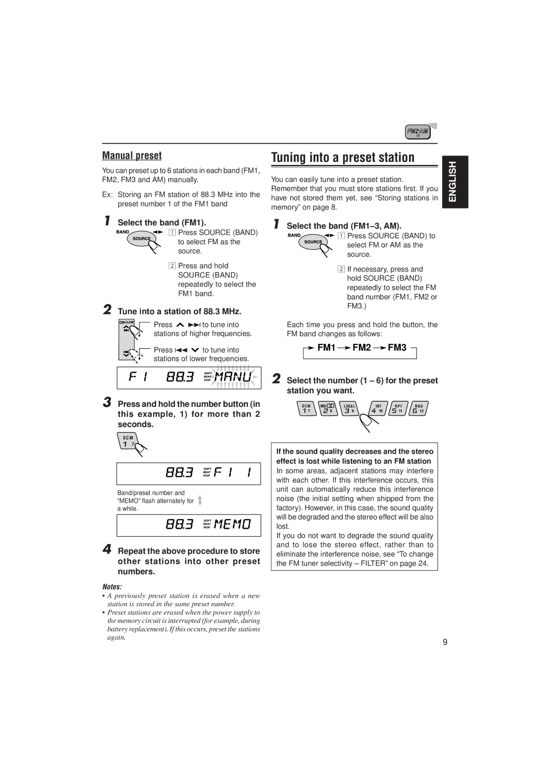 JVC KS-LX200R manual Manual preset, Select the band FM1, Tune into a station of 88.3 MHz 