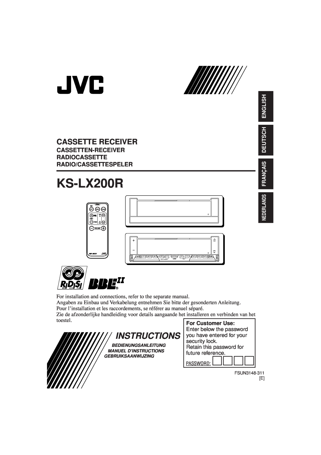 JVC KS-LX200R manual Cassette Receiver, Cassetten-Receiver Radiocassette, Radio/Cassettespeler, Instructions 