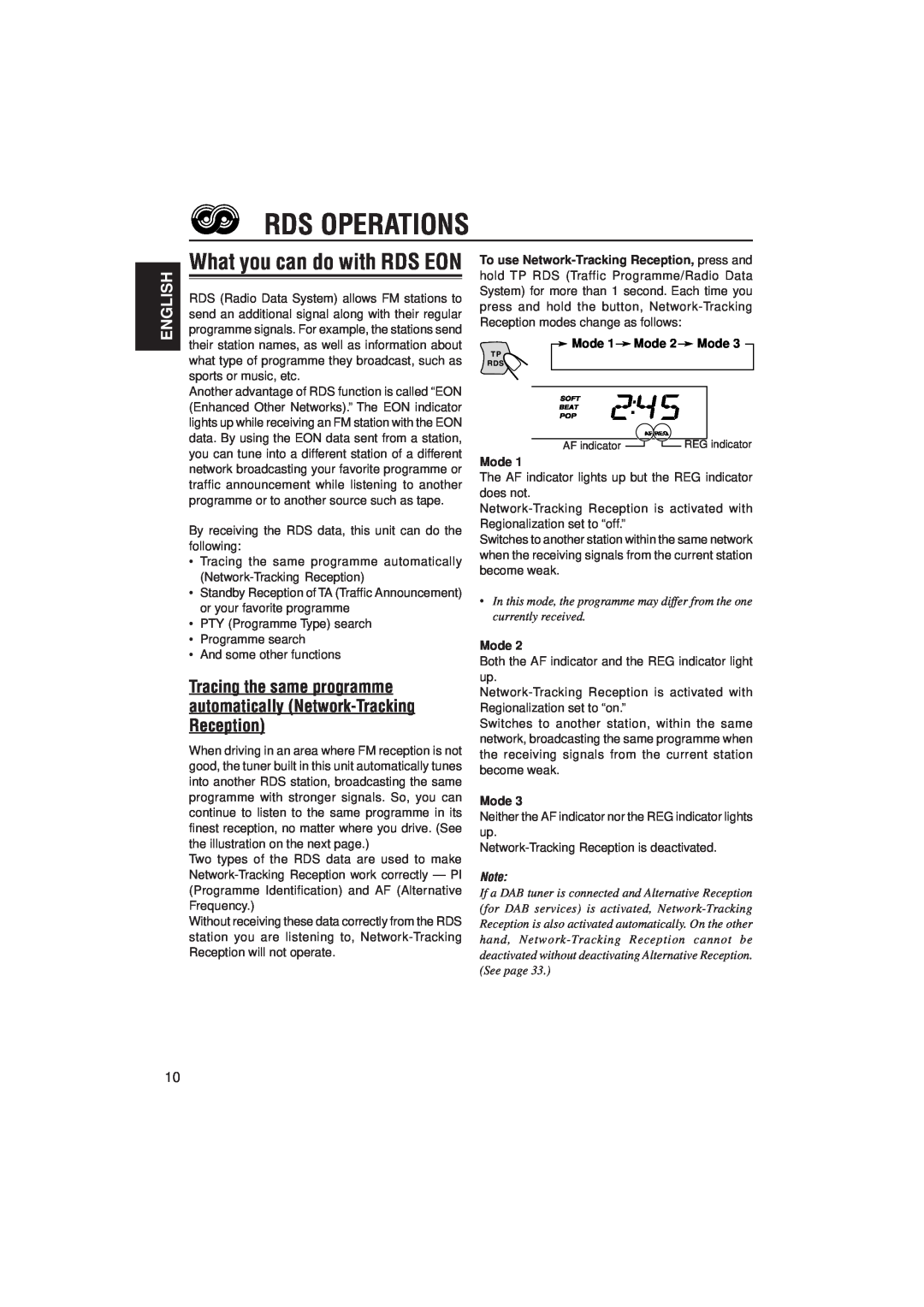 JVC KS-LX200R manual Rds Operations, What you can do with RDS EON, English, Mode 1 Mode 2 Mode 
