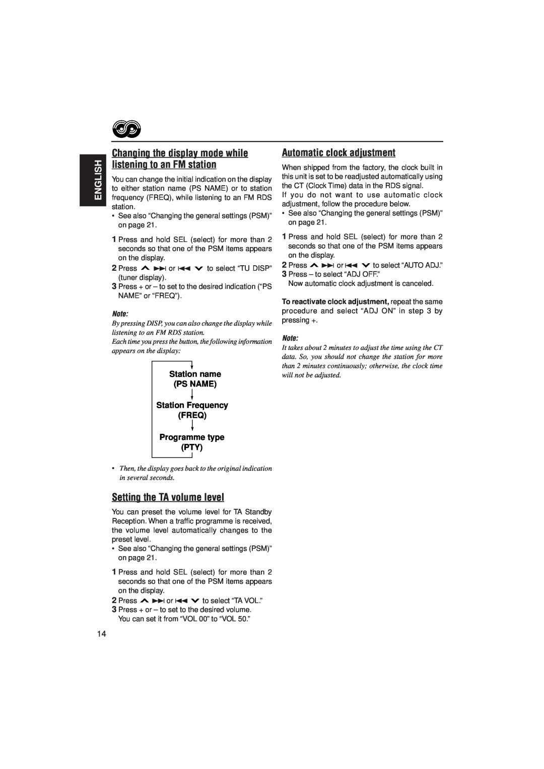JVC KS-LX200R manual Setting the TA volume level, Automatic clock adjustment, English, Programme type PTY 