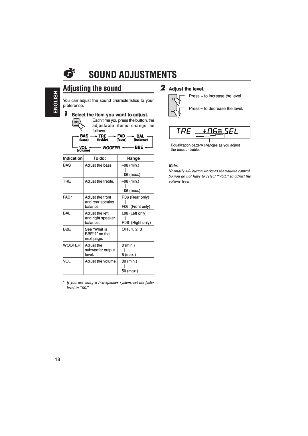JVC KS-LX200R Sound Adjustments, Adjusting the sound, Adjust the level, English, Select the item you want to adjust, To do 