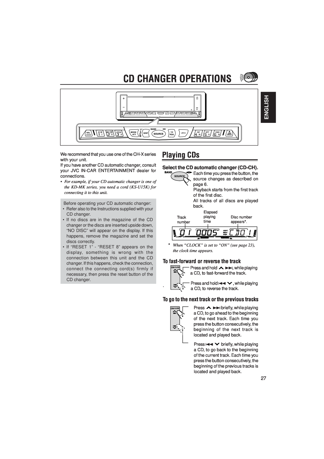 JVC KS-LX200R manual Cd Changer Operations, Playing CDs, English, To fast-forwardor reverse the track 