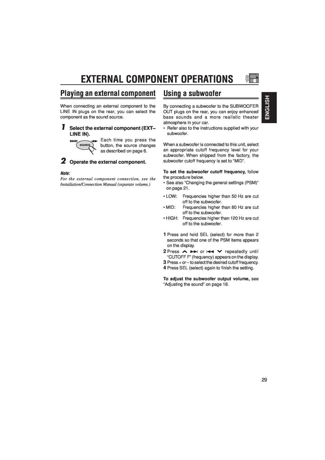 JVC KS-LX200R manual Playing an external componentUsing a subwoofer, External Component Operations, English 
