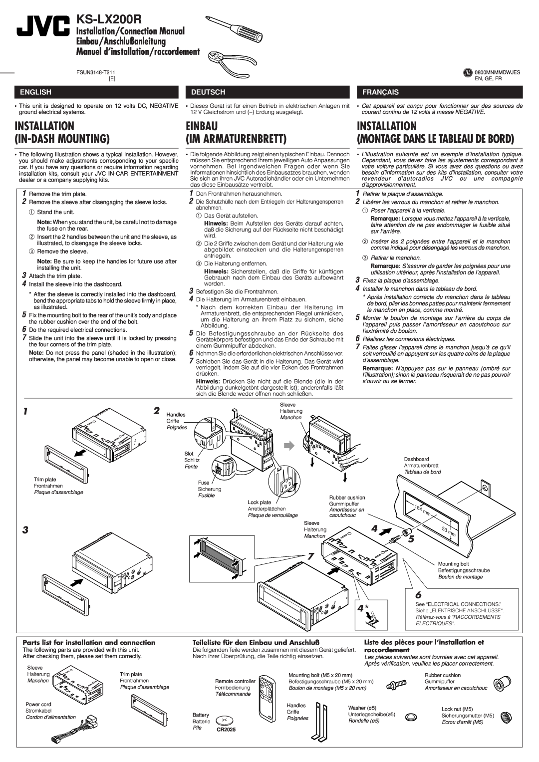 JVC KS-LX200R manual Installation, Einbau, In-Dashmounting, Im Armaturenbrett, Montage Dans Le Tableau De Bord 