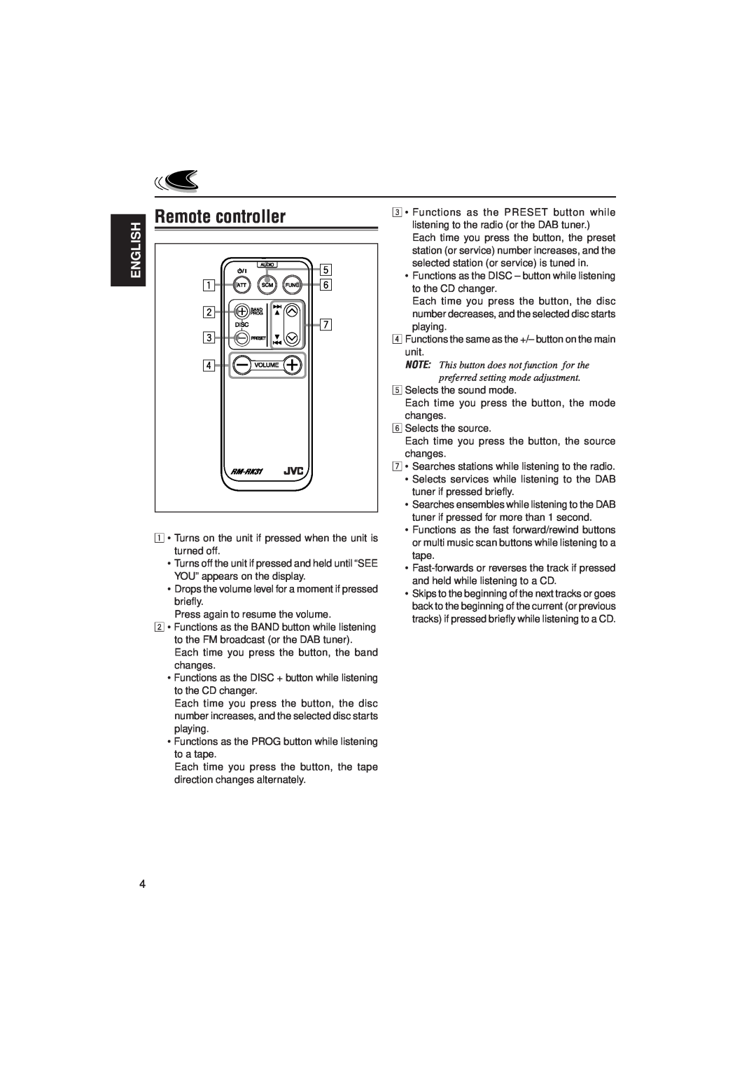 JVC KS-LX200R manual Remote controller, English 