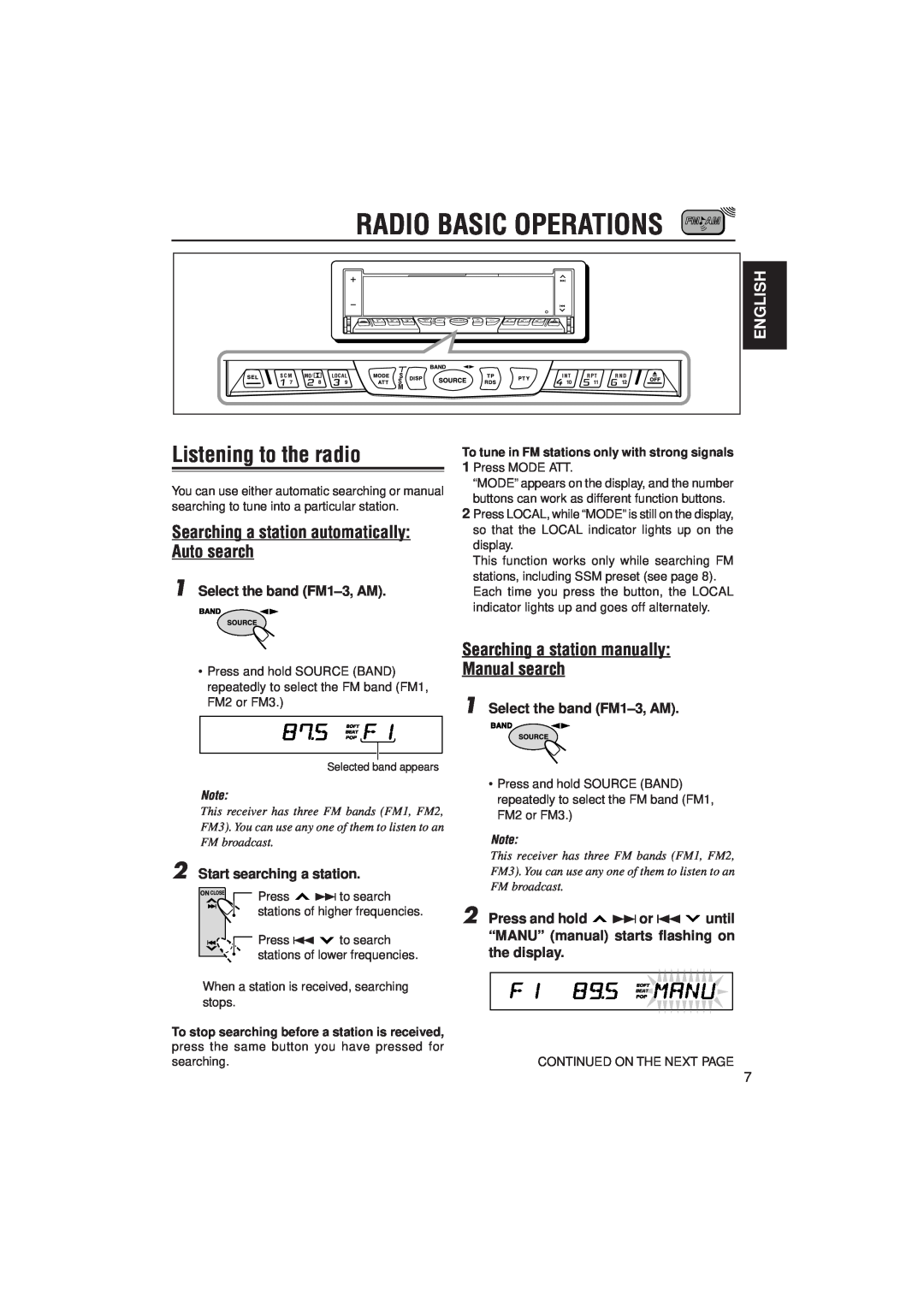 JVC KS-LX200R manual Radio Basic Operations, Listening to the radio, Searching a station automatically Auto search, English 