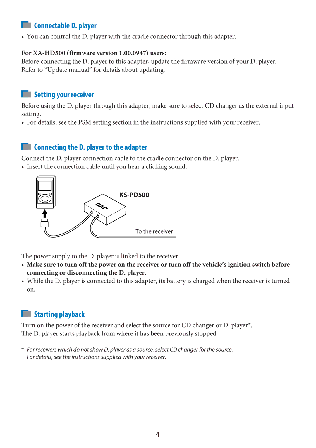 JVC KS-PD100 Connectable D. player, Connecting the D. player to the adapter, For XA-HD500 firmware version 1.00.0947 users 