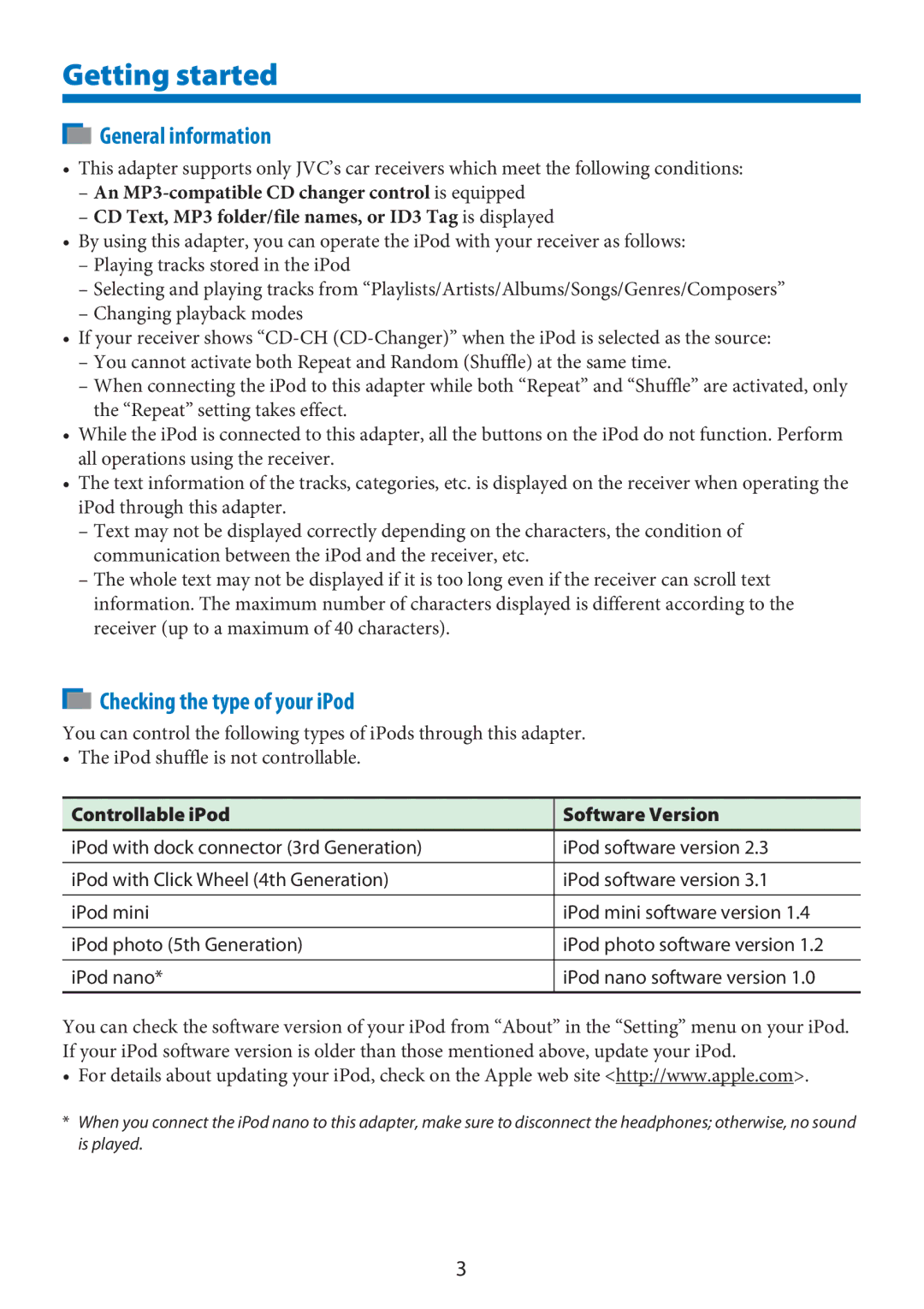 JVC KS-PD100 manual Getting started, General information, Checking the type of your iPod 