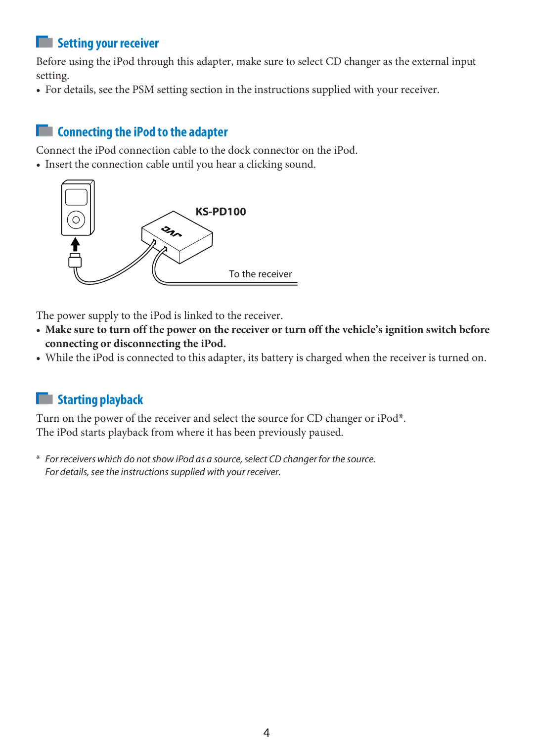 JVC KS-PD100 manual Setting your receiver, Connecting the iPod to the adapter, Starting playback 