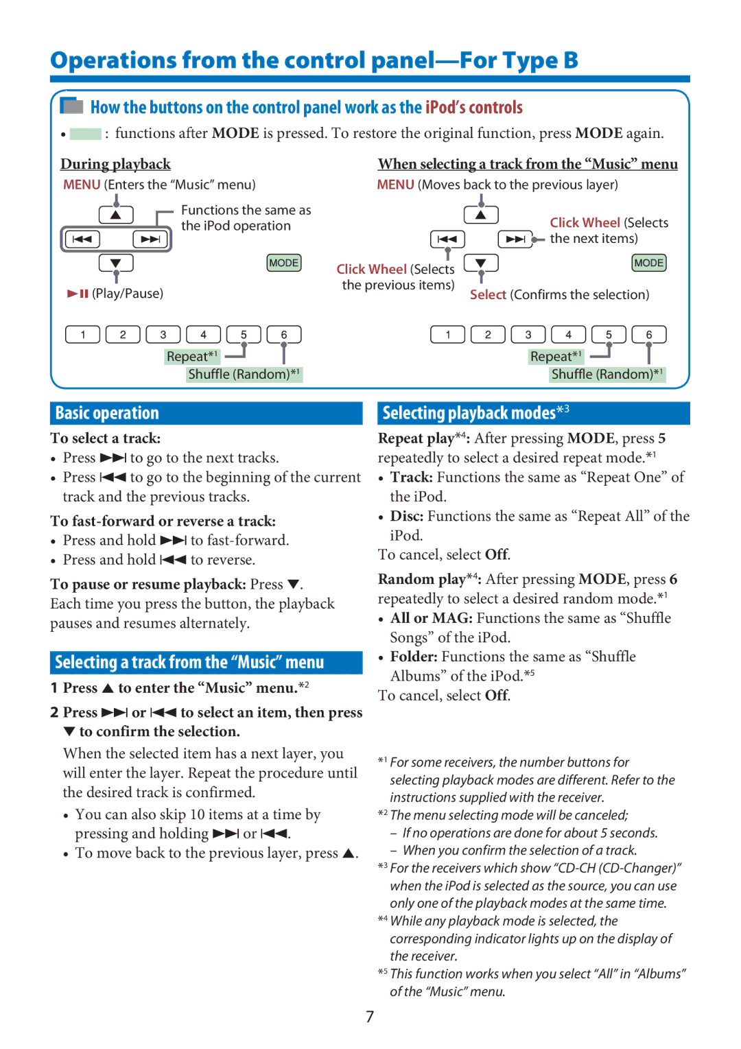 JVC KS-PD100 manual Operations from the control panel-For Type B, When selecting a track from the Music menu 