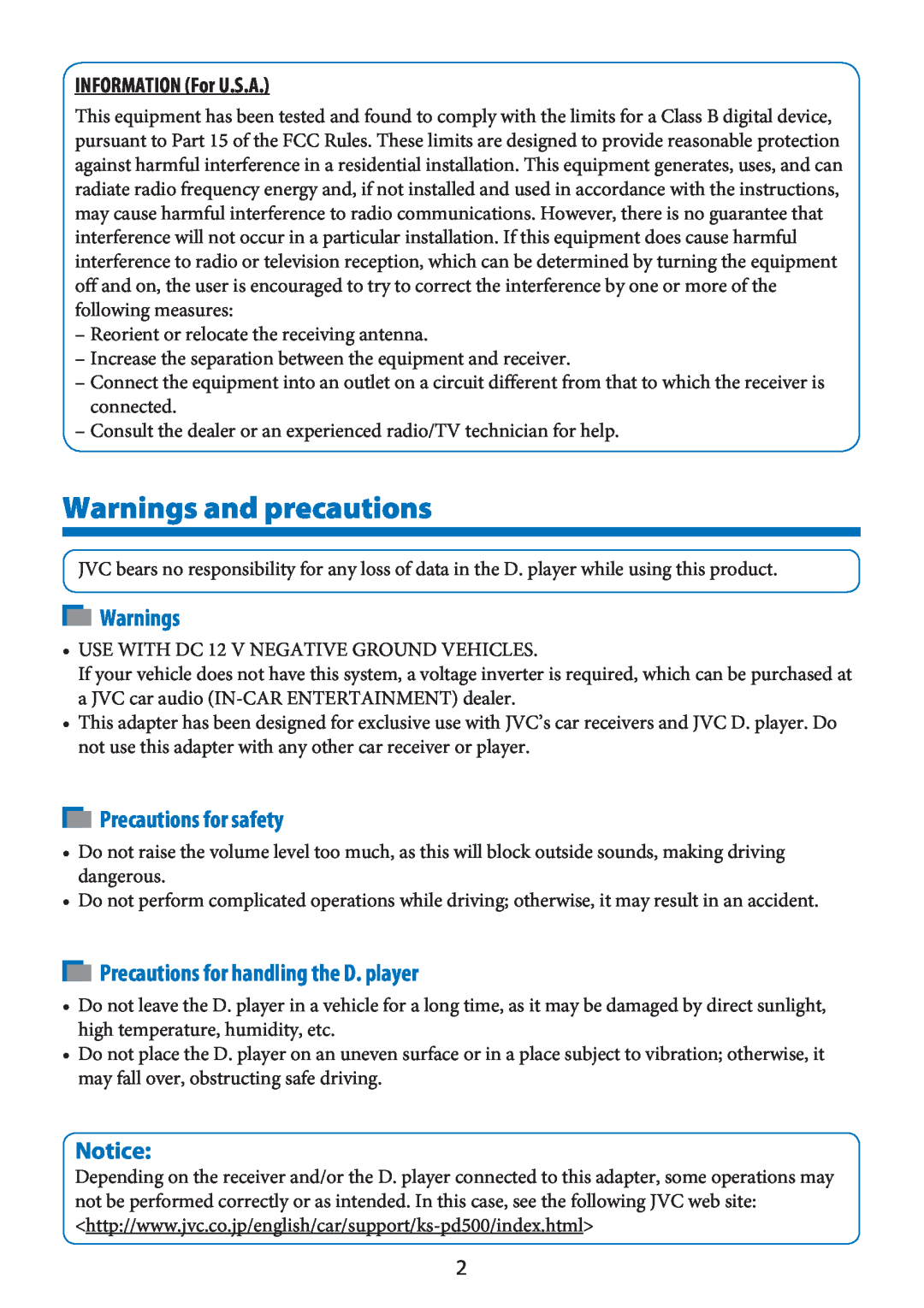 JVC KS-PD100 manual Precautions for handling the D. player, Warnings and precautions, Precautions for safety 