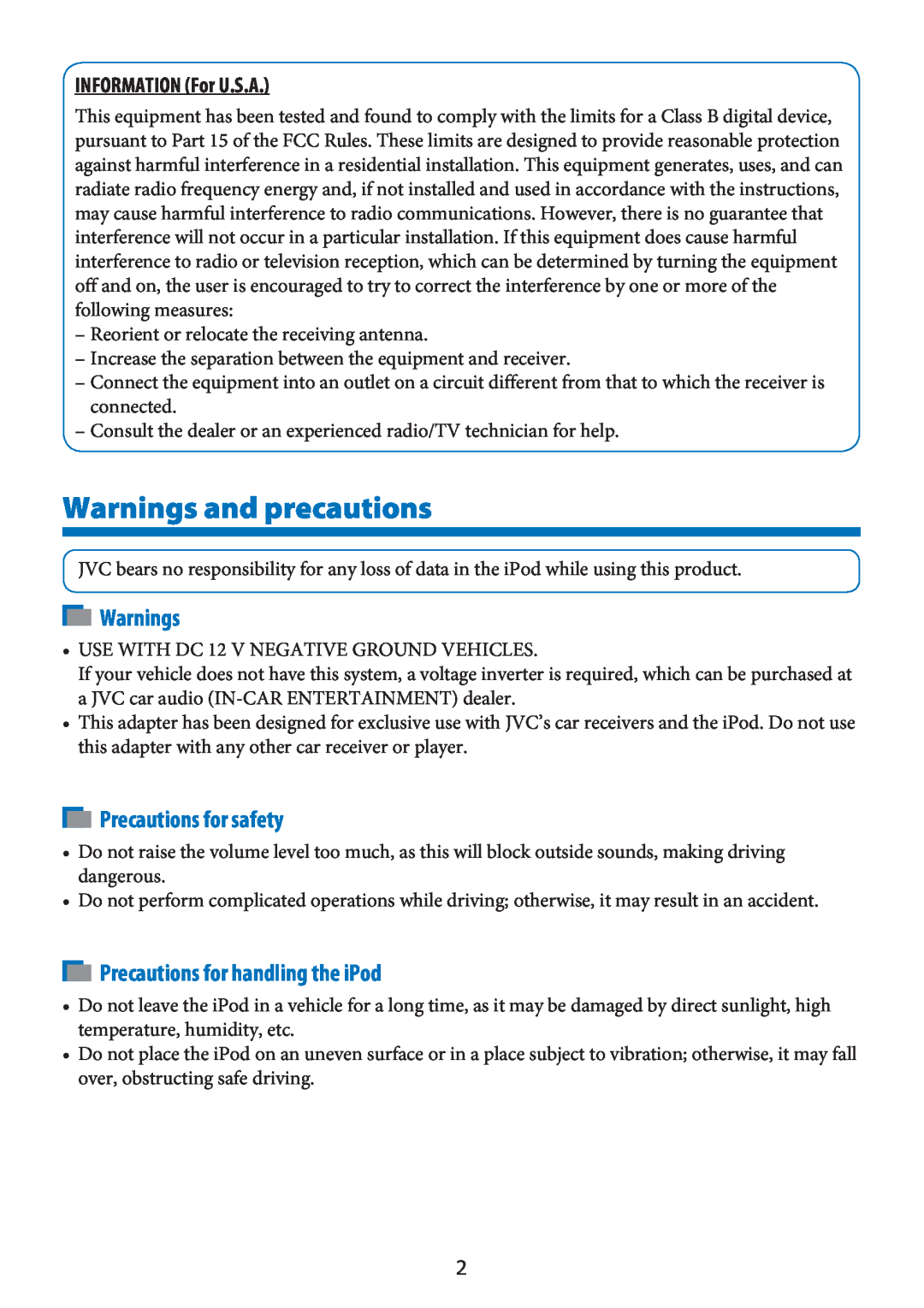 JVC KS-PD100 Warnings and precautions, Precautions for safety, Precautions for handling the iPod, INFORMATION For U.S.A 