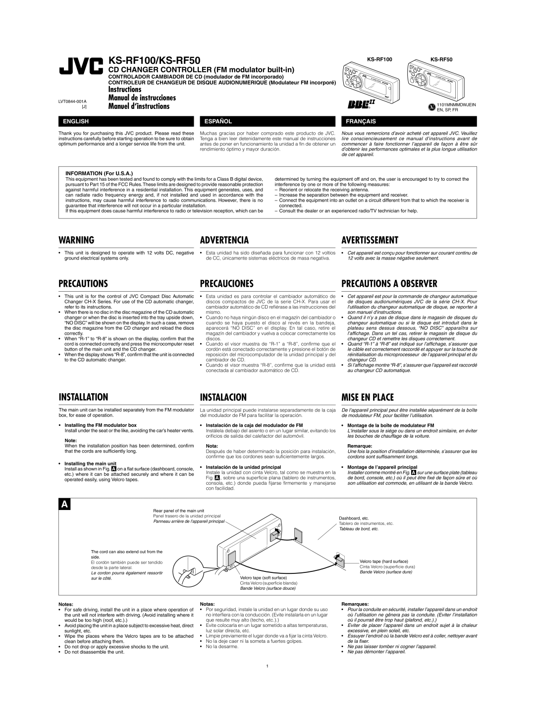 JVC manual Advertencia, Precautions Precauciones, Installation Instalacion, KS-RF100KS-RF50 