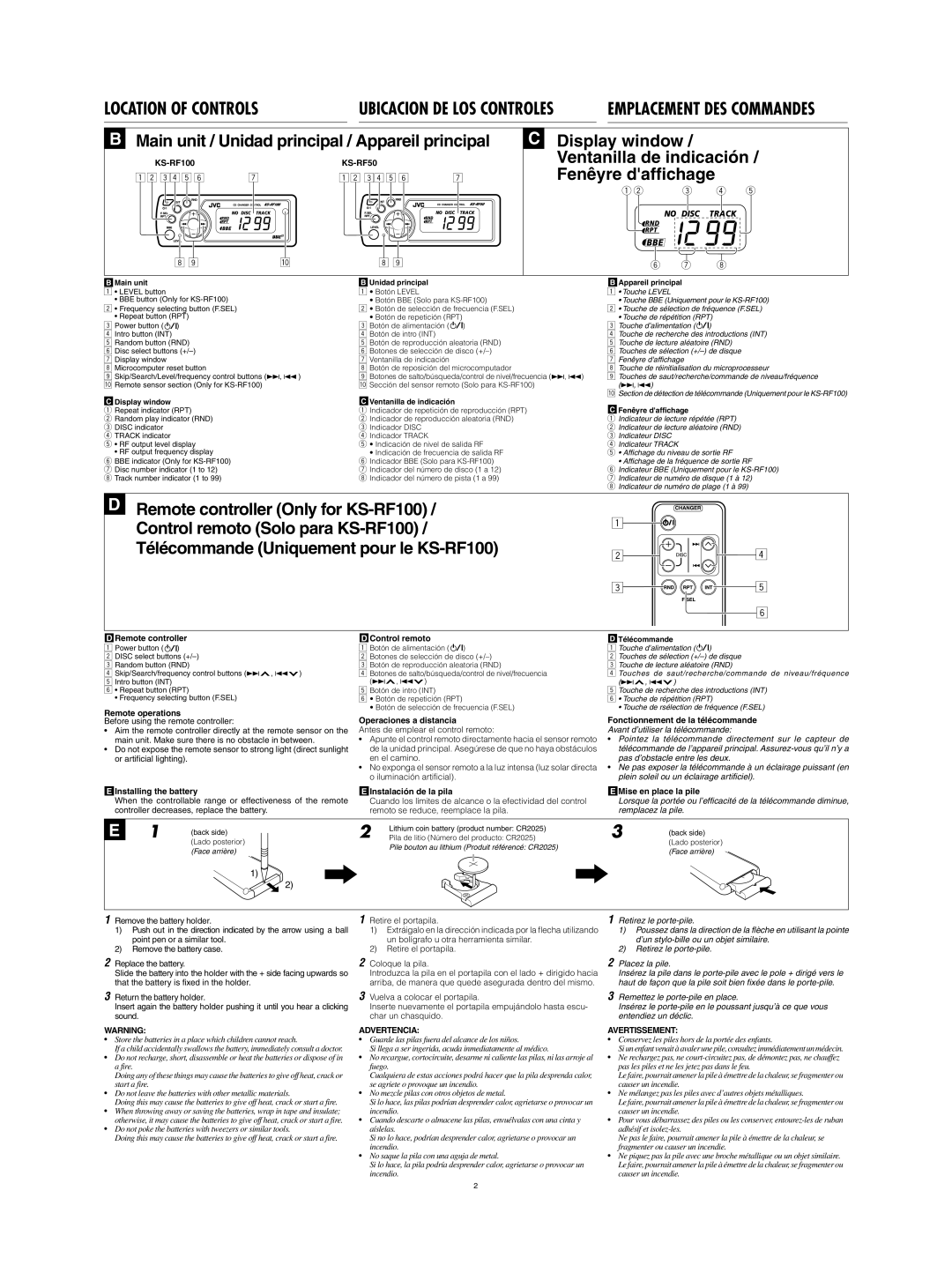 JVC KS-RF100 manual Location of Controls, Advertencia, Avertissement 