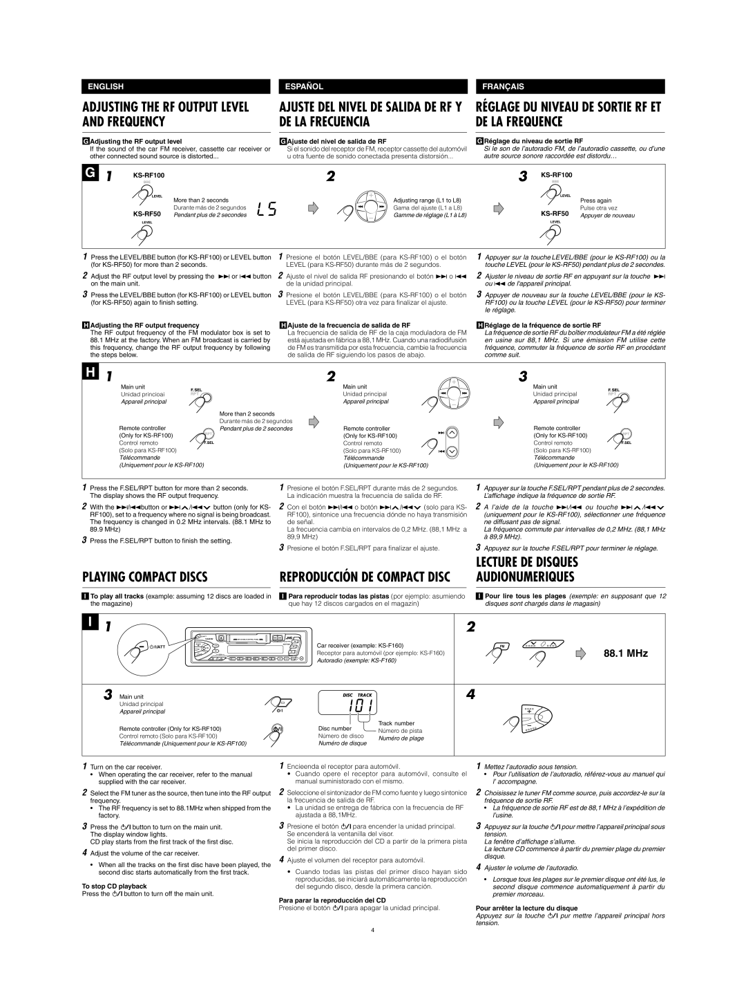 JVC KS-RF100 manual Playing Compact Discs, Ajuste DEL Nivel DE Salida DE RF Y DE LA Frecuencia, 88.1 MHz 