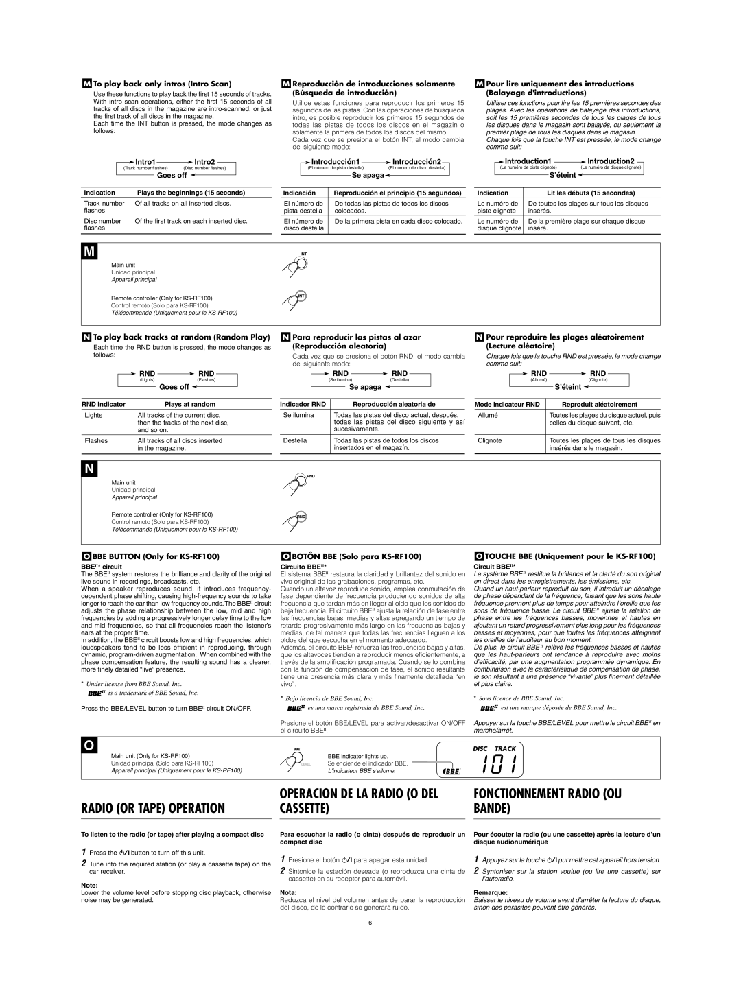 JVC KS-RF100 manual Radio or Tape Operation, Cassette Bande, Fonctionnement Radio OU, Rnd Rnd 