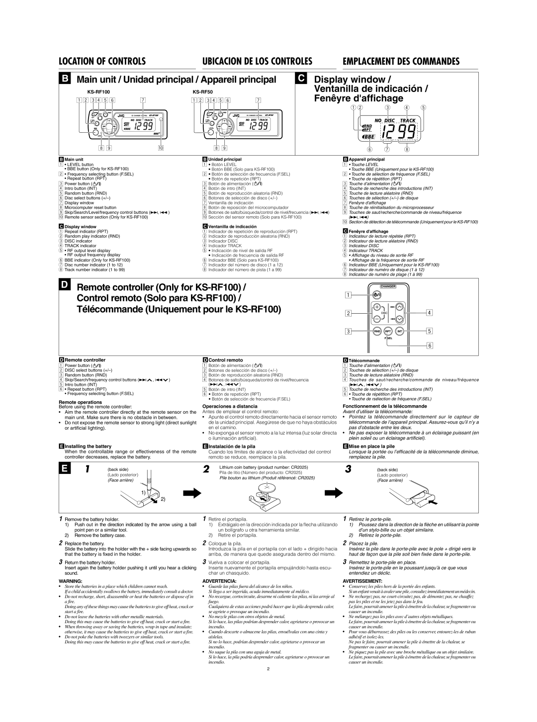 JVC KS-RF100 manual Location Of Controls, B Main unit / Unidad principal / Appareil principal, Ubicacion De Los Controles 