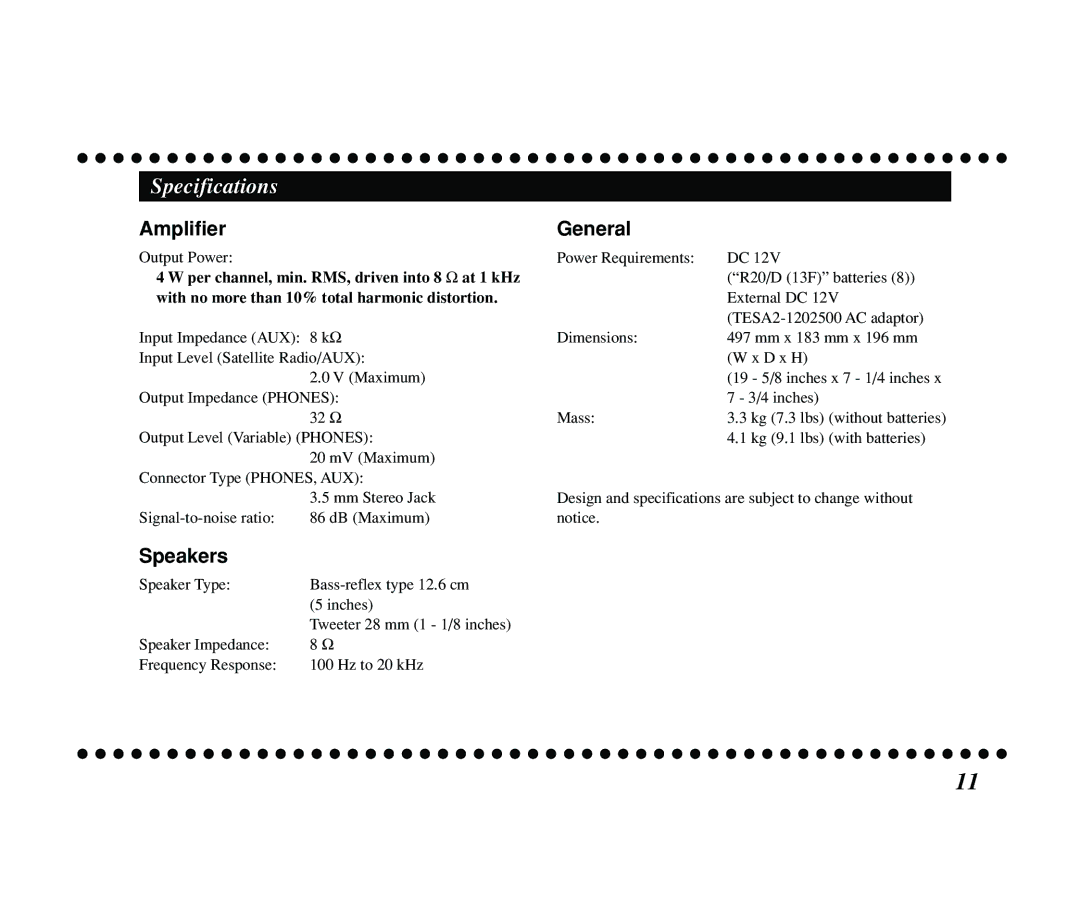 JVC KS-SB200 manual Specifications, Amplifier General, Speakers, With no more than 10% total harmonic distortion 