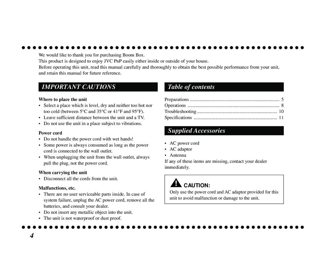 JVC KS-SB200 manual Table of contents, Supplied Accessories 