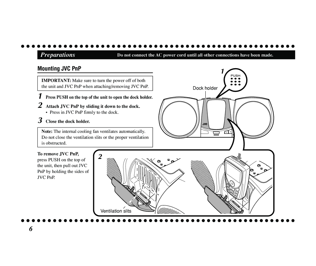 JVC KS-SB200 manual Mounting JVC PnP, Close the dock holder To remove JVC PnP 
