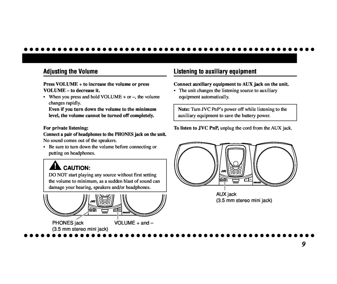 JVC KS-SB200 manual Adjusting the Volume, Listening to auxiliary equipment, For private listening 