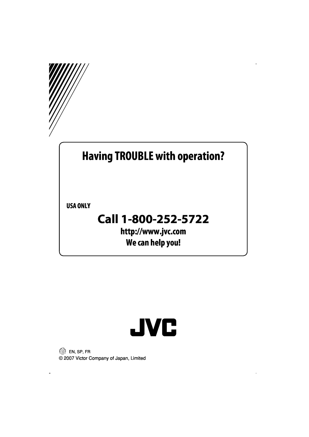 JVC KS-SRA100 manual Usa Only, Call, Having TROUBLE with operation?, Victor Company of Japan, Limited, En, Sp, Fr 