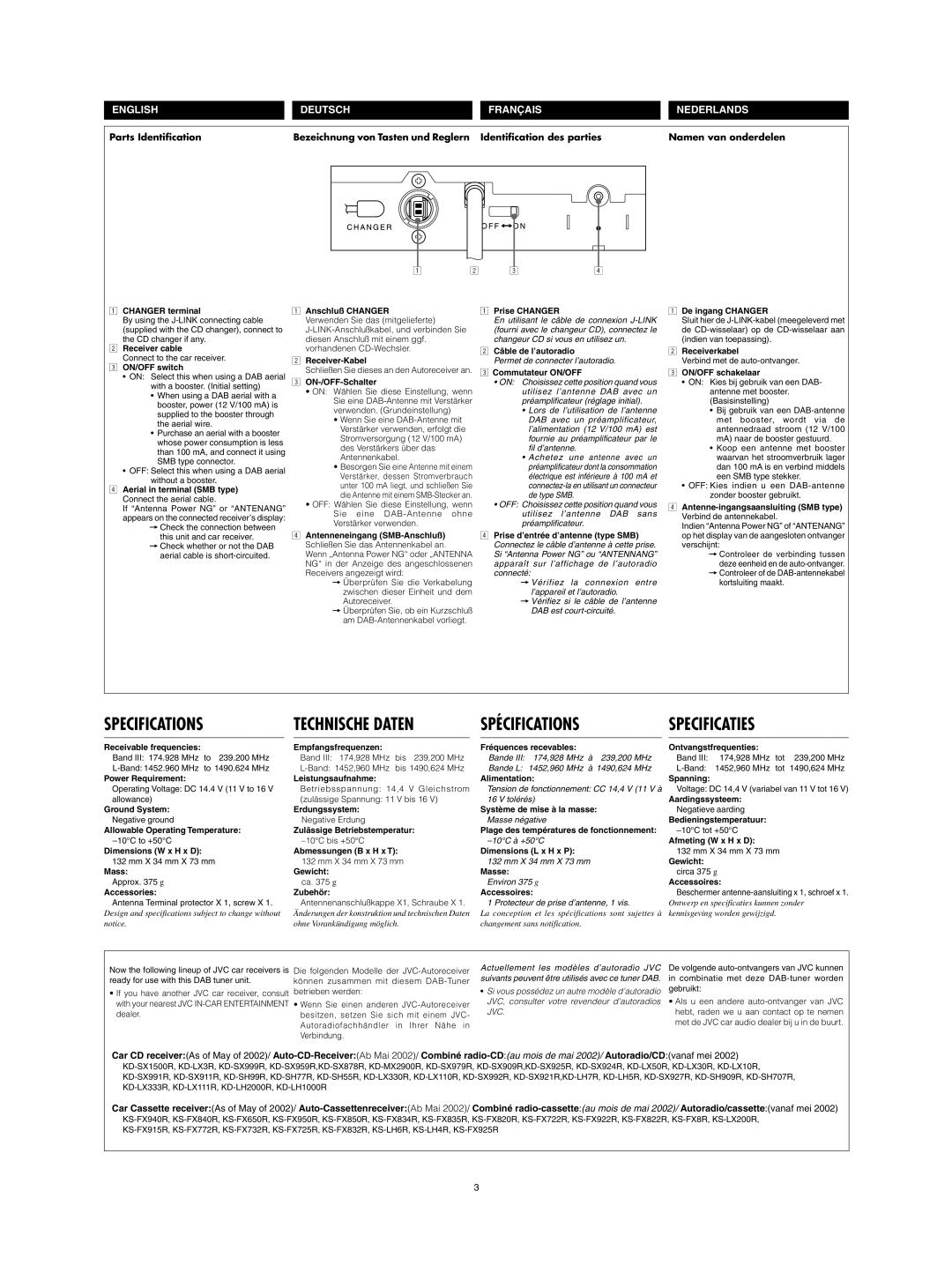 JVC KT-DB1000 manual Specifications Technische Daten Spécifications 