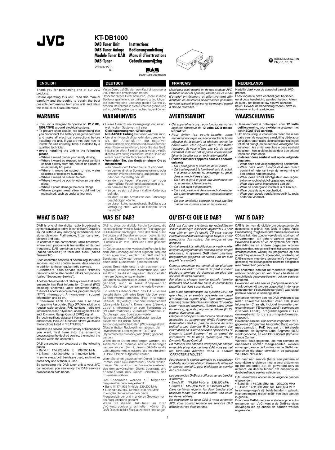 JVC KT-DB1000 manual Warnhinweis Avertissement, What is DAB? WAS IST DAB? 