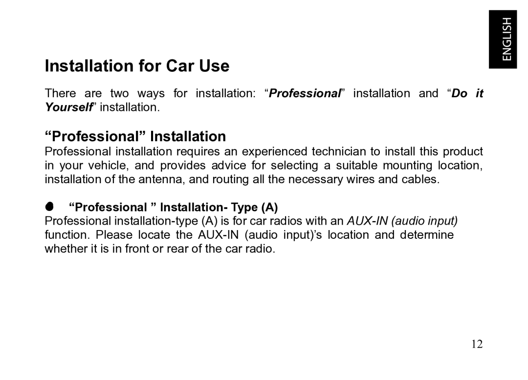 JVC KT-HDP1 manual Installation for Car Use, Professional Installation- Type a 