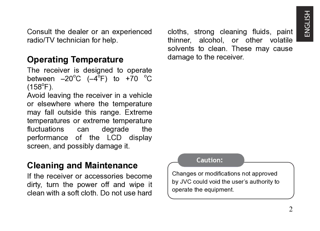 JVC KT-HDP1 manual Operating Temperature, Cleaning and Maintenance 