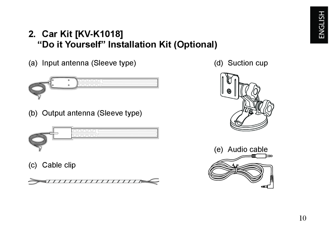 JVC KT-HDP1 manual Car Kit KV-K1018, “Do it Yourself” Installation Kit Optional, a Input antenna Sleeve type, d Suction cup 