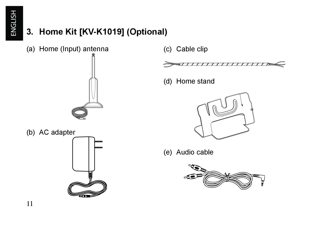 JVC KT-HDP1 manual Home Kit KV-K1019Optional, a Home Input antenna, c Cable clip, d Home stand, b AC adapter e Audio cable 