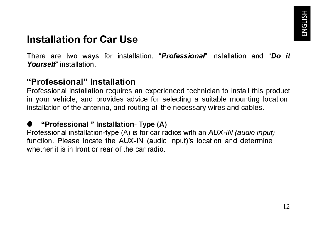 JVC KT-HDP1 manual Installation for Car Use, “Professional” Installation, “Professional ” Installation- Type A 