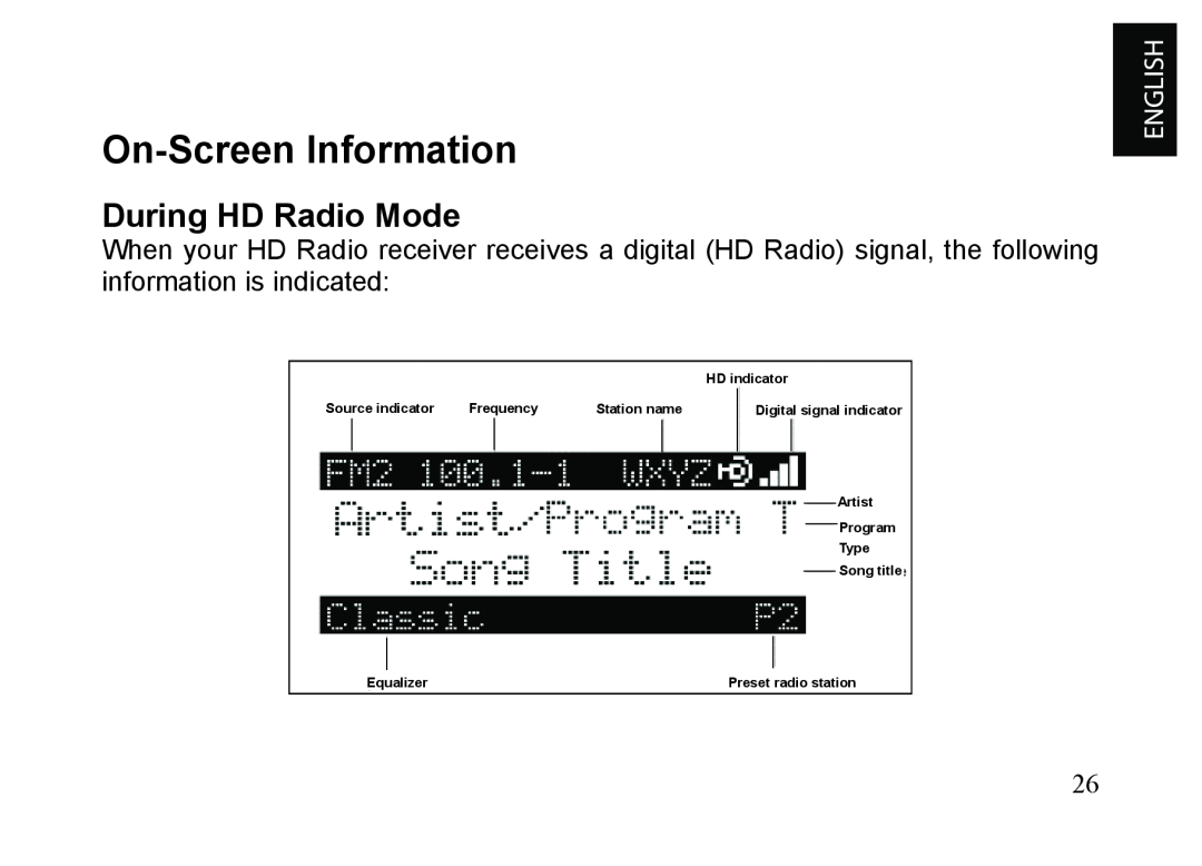 JVC KT-HDP1 On-ScreenInformation, During HD Radio Mode, HD indicator, Source indicator, Frequency, Station name, Equalizer 